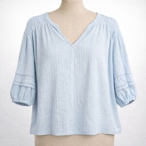 100% Cotton Blue Textured Ruffle Puff Sleeve Peasant Blouse XS Cottagecore Boho